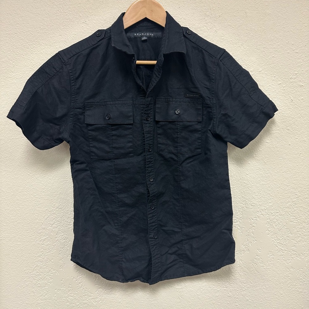 Mens Sean John Black Button Front Shirt with Pockets - Size Small